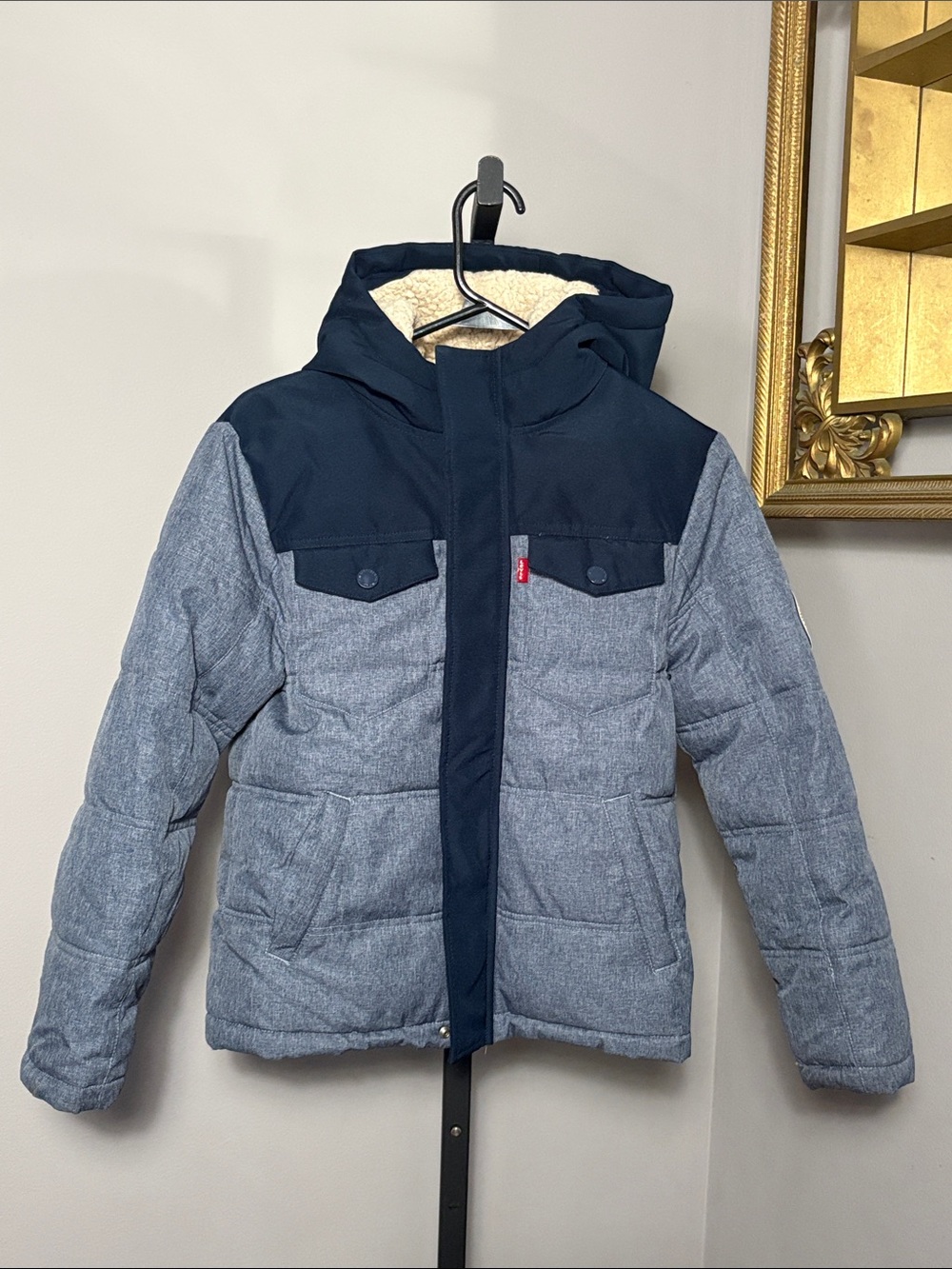 Levi’s Kids Medium 10-12 Quilted Sherpa Trucker Navy & Gray Hooded Puffer Jacket